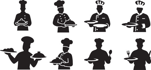 Four Chef Silhouettes Serving Food