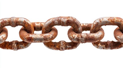 Obraz premium A close-up of rusted chain links against a white background, symbolizing aging, strength, and the passage of time through textures and imperfections in materials.