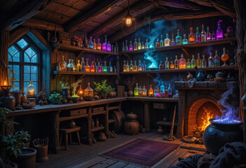 Fototapeta premium Dark Wooden Alchemist Room Colorful Potions Fireplace