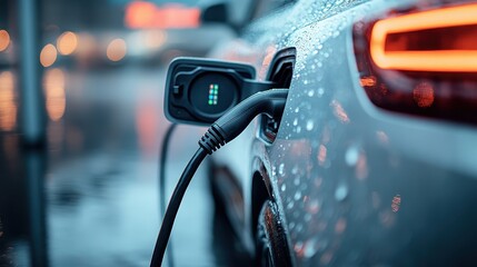 An electric vehicle plugged into a charging station, surrounded by raindrops on the car’s surface, illustrating the intersection of technology and sustainability in transportation.