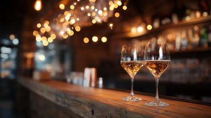 Two glasses filled with sparkling wine sit on a wooden bar, illuminated by warm lights, capturing the essence of celebration, joy, and conviviality.