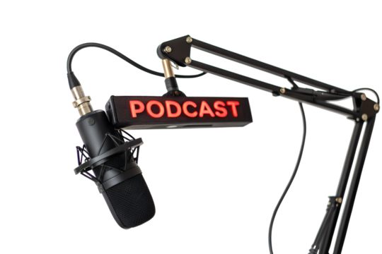 Podcast microphone setup isolated on transparent background