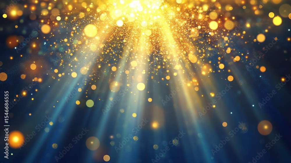 Poster golden light rays and bokeh sparkle on dark blue background.