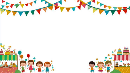 Obraz premium Children's party background with colorful bunting and kids around food stalls