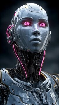 Girl cyborg robot of the future, smooth metallic details, eyes shine with purple light,
