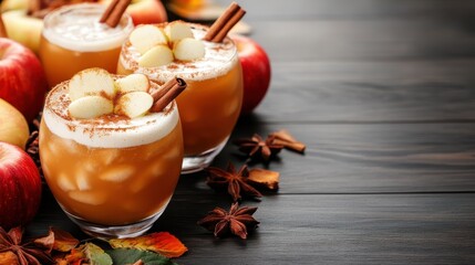 A cozy autumn scene featuring delicious drinks garnished with apples and spices, inviting warmth and seasonal flavors, perfect for festive gatherings.
