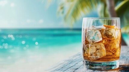 A glass filled with a refreshing drink sits atop a wooden surface, capturing the serene beach environment and the vibrant hues of the ocean in the background.
