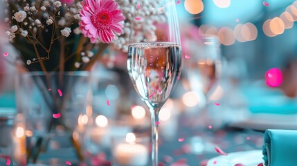 A beautifully arranged table scene featuring exquisite floral arrangements, sparkling wine glasses, and soft lighting, ideal for romantic dinners or festive gatherings.