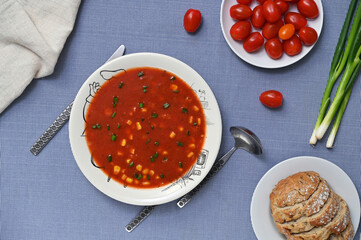 vegetable tomato soup and fresh tomatoes and green onions nearby