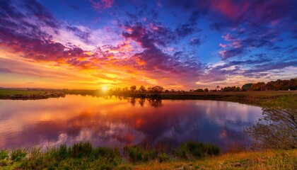 vibrant sunset over a tranquil beach with colorful sky and gentle waves lapping the shore