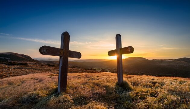 two wooden cross grave markers overlooking sunset over hills in boothill graveyard in tombstone