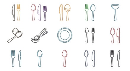 Colorful Cutlery and Dinnerware Icons A Collection of Simple Line Art Illustrations