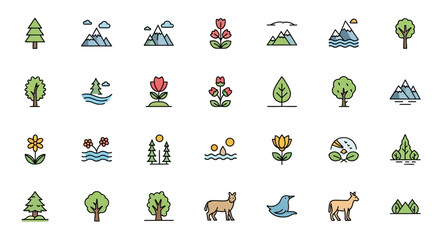 Obraz premium Nature Icons Mountains, Trees, Flowers, and Animals – Vector Illustrations