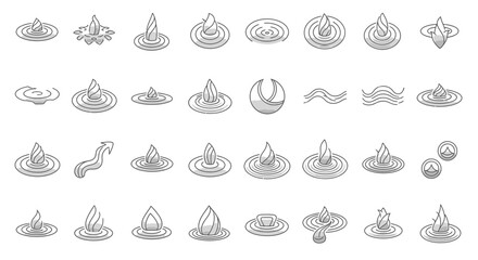 Collection of Water Drop Ripple Icons 30 Unique Line Art Designs for Web and Print