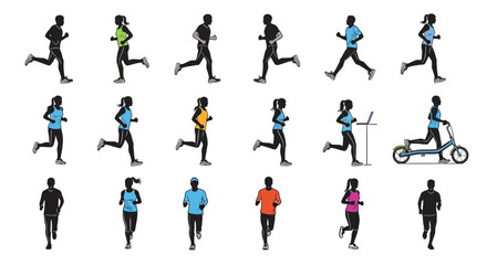 Silhouette Runners Diverse Running Poses and Activities Vector Illustration