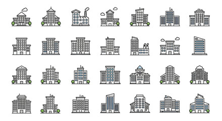 Collection of Diverse Building Icons Modern, Classic, and Industrial Styles