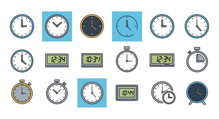 Collection of Time Icons Clocks, Watches, Stopwatches, and Timers