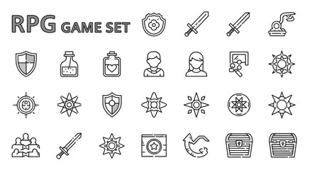 RPG Game Icons 2D Line Art Vector Graphics Set for Game Development