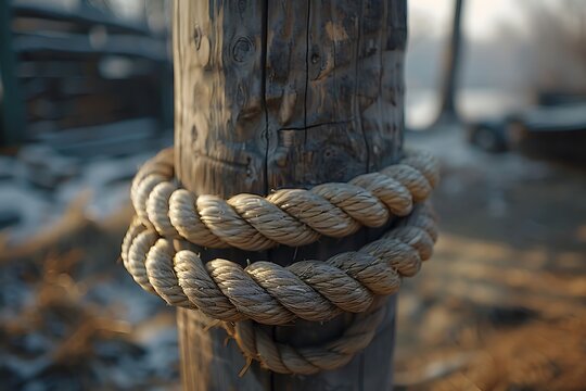 Thick jute rope around wooden post high resolution picture