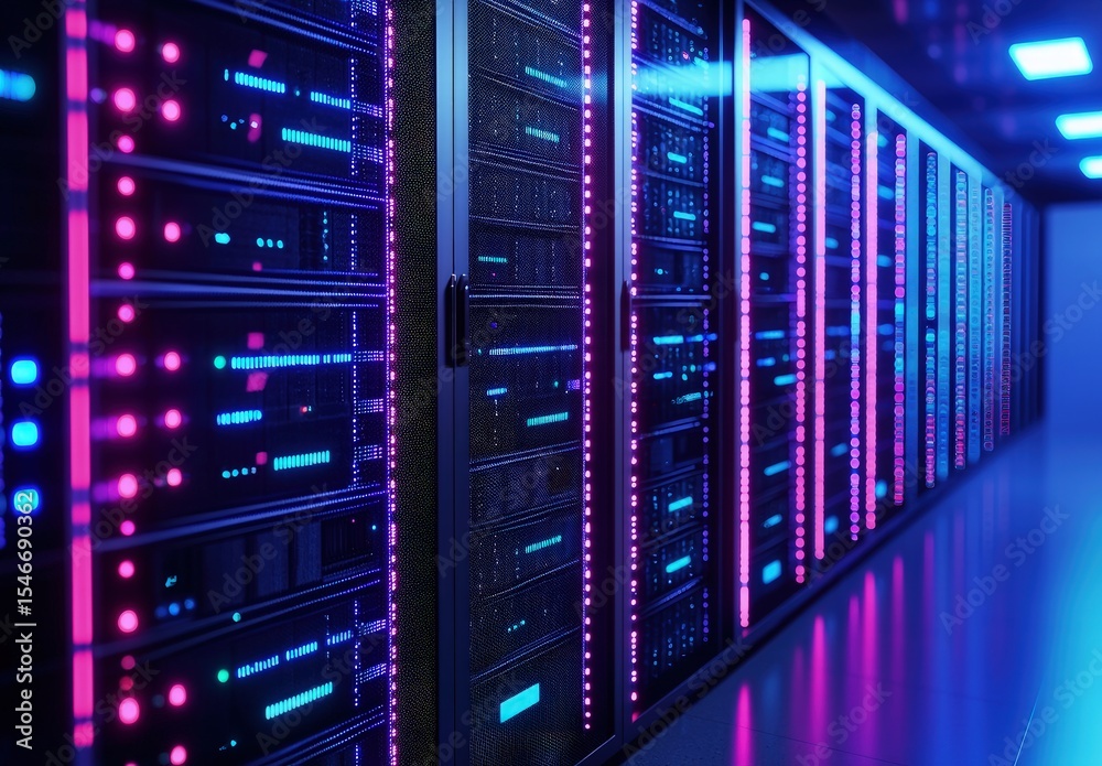 Poster futuristic server room corridor with rows of glowing magenta and blue led server racks under modern 