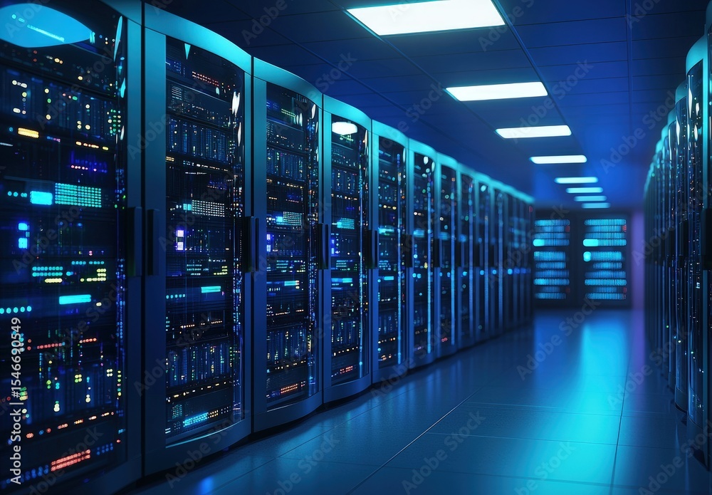 Aufkleber dark data center with glowing blue led-lit server racks in a high-security environment, ideal for il