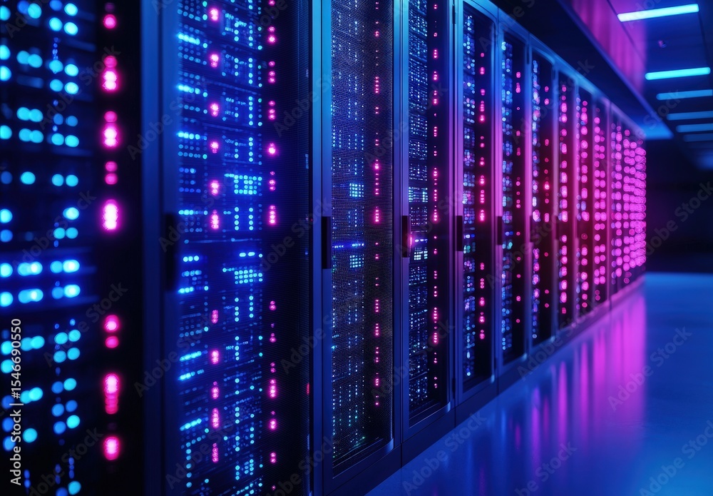 Aufkleber High-tech data center with glowing blue and pink LED server racks in a symmetrical corridor, perfect for visuals related to cloud computing, digital networks, cybersecurity, or futuristic IT systems