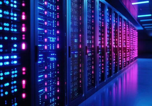 High-tech data center with glowing blue and pink LED server racks in a symmetrical corridor, perfect for visuals related to cloud computing, digital networks, cybersecurity, or futuristic IT systems