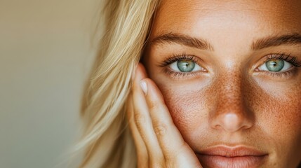 An intimate close-up of a serene and beautiful woman with stunning blue eyes and soft skin features captivating emotions, basking in natural light that highlights her beauty and tranquility.