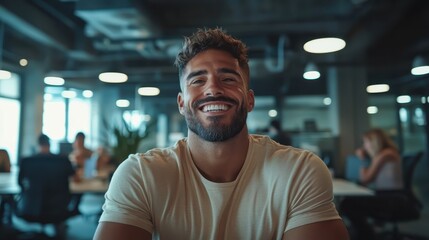 A charismatic young man smiling confidently while seated in a modern office environment, embodying positivity and professionalism in a dynamic workspace.