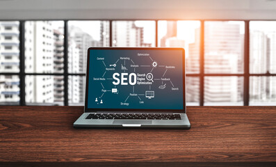SEO search engine optimization for modish e-commerce and online retail business showing on computer...