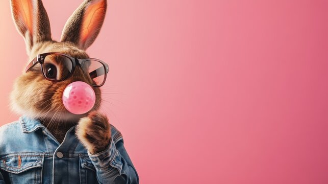A stylish rabbit wearing oversized sunglasses and blowing a pink bubble gum provides a quirky and fun take on the classic animal portrait with a playful vibe.