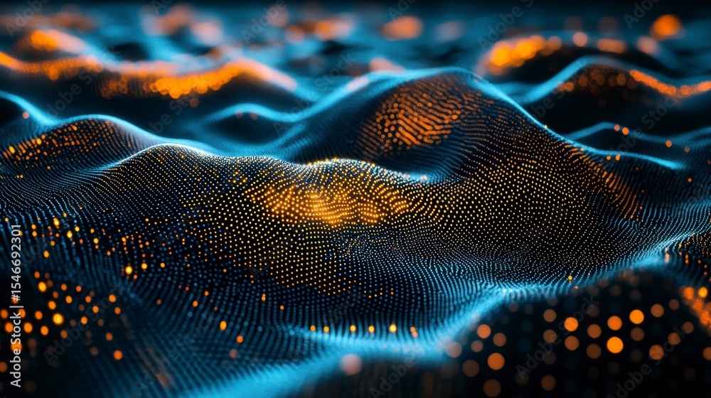 Poster abstract wavy surface with glowing particles.