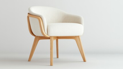 Fototapeta premium Cream Upholstered Chair 3D Render, Minimalist Design, Wooden Legs, Modern Furniture Modern Chair, 3D Rendering