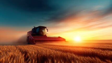 Fototapeta premium A powerful red tractor harvests golden wheat in a vast field during sunset, symbolizing hard work in agriculture and the beauty of nature's cycle at the end of the day.