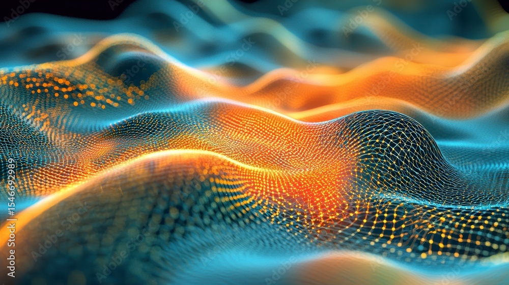 Poster abstract digital wave background with glowing orange and blue particles.