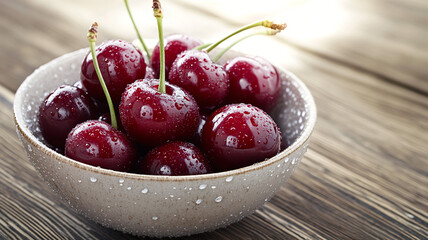 A bowl of fresh tart cherries, glossy red skin, water droplets, rustic wooden table.