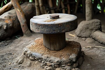 Traditional hand grinder crushing grains outdoors high resolution picture