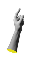 Finger pointing up gesture closeup. Female arm raised with index finger showing direction, selection