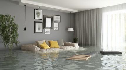 Flooded Living Room 3D Render of Water Damaged Sofa and Interior,Flood Damage,Water Damage