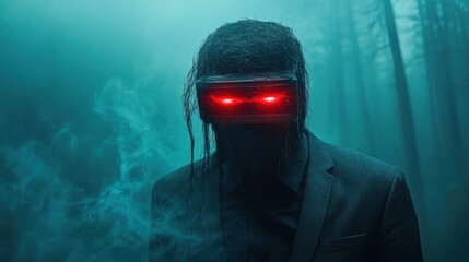 A haunting figure with glowing red eyes stands in an eerie fog, embodying the essence of fear, mystery, and the unknown, creating a compelling visual narrative of suspense.