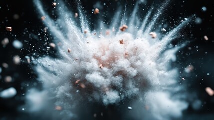 An explosive display of dust and particles creates a powerful visual impact, symbolizing energy, transformation, and the chaos often found in creative processes.