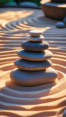 Photo sur Plexiglas Smooth stones stacked in a zen garden with raked sand and soft natural shadows