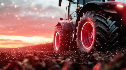 A close view of a tractor's large tires churning up soil against a stunning sunset, capturing the essence of hard work in farming and the beauty of rural landscapes.