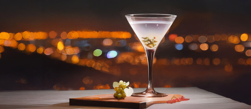 Red grapes are ripe as the sun sets over the wineyard, and a wooden box holds a bottle of wine with glasses poured. Generative AI