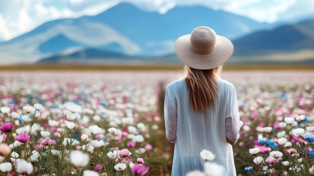 A serene woman stands in a vibrant flower field, taking in the beauty of nature, symbolizing tranquility, peace, and the joy of connecting with the earth.