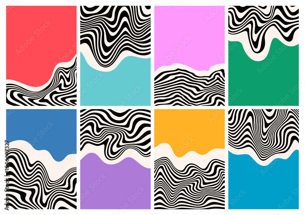 Poster Wave Psychedelic Pattern Posters. Abstract Vector Retro Groovy Backgrounds. Liquid Line Prints Patterns.