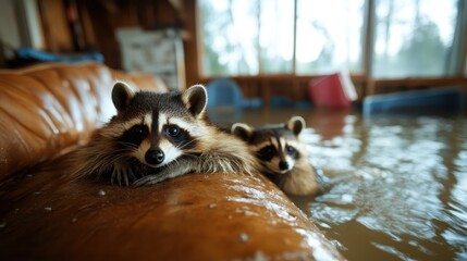 In a cozy, flooded living room, two adorable raccoons are seen lounging on a leather couch, bringing a playful twist to an unexpected indoor adventure amidst chaos.