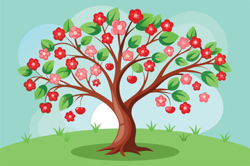 Fototapeta premium Detailed cherry tree vector artwork with blooming flowers clipart perfect for nature