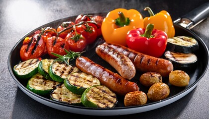 assorted grilled vegetables including bell peppers zucchini eggplant and sausages