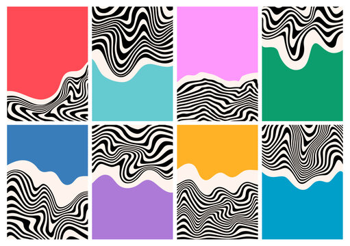 Wave Psychedelic Pattern Posters. Abstract Vector Retro Groovy Backgrounds. Liquid Line Prints Patterns.